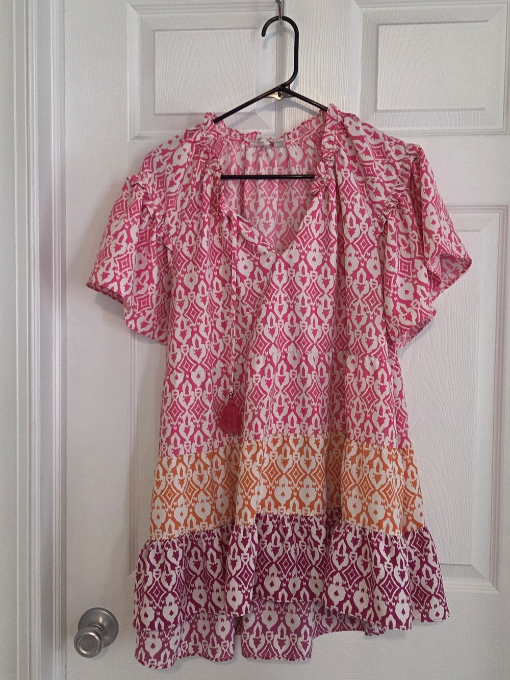 Cato Pink Orange Purple Printed Ruffle-Sleeve Tunic